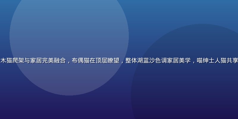 现代简约客厅中榉木猫爬架与家居完美融合，布偶猫在顶层瞭望，整体湖蓝沙色调家居美学，喵绅士人猫共享空间设计理念展示